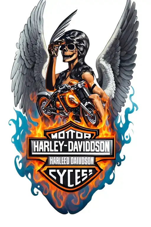 Harley Davidson emblem in flames and angel tattoo design idea