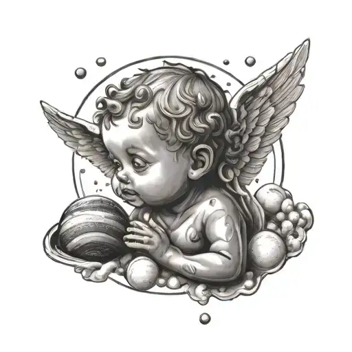 Baby angel watching statue reaching for planets solar system tattoo design idea