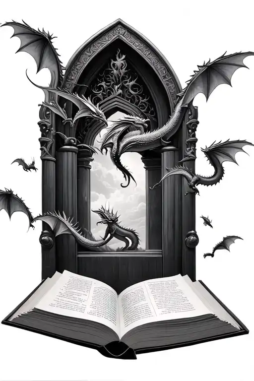 fantasy style open book with small dragons flying from the pages  tattoo design idea