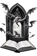 fantasy style open book with small dragons flying from the pages  tattoo design idea