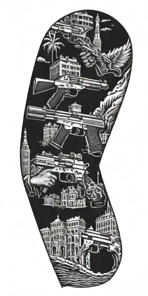 Gang style featuring buildings, guns, mariujana tattoo design idea