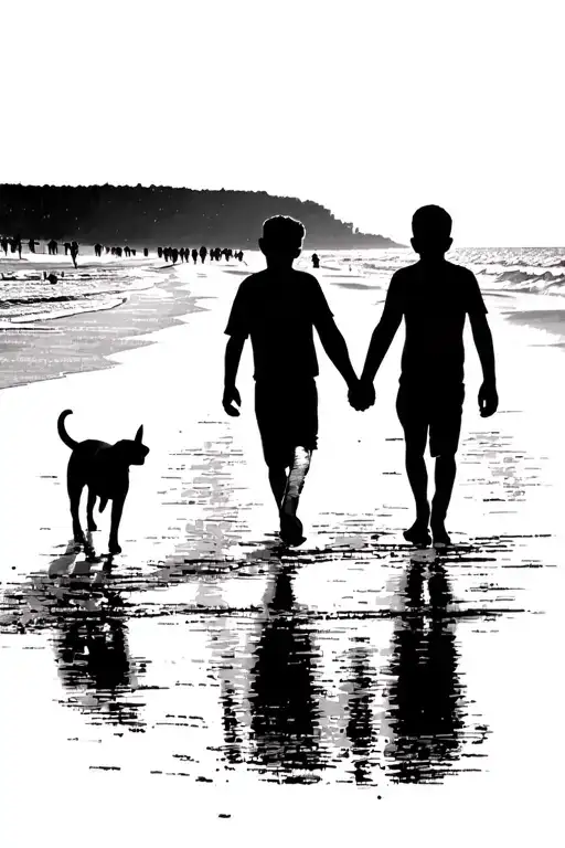 Silhouette of a father, son, and staffy dog walking along the beach at sunset. not holding hands  tattoo design idea