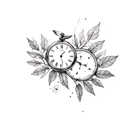 Leaves and broken watch hands tattoo design idea