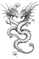 two dragons with wings and horns, with intertwined tails, almost touching heads, beautiful peony buds and petals on top tattoo design idea