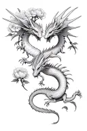 two dragons with wings and horns, with intertwined tails, almost touching heads, beautiful peony buds and petals on top tattoo design idea