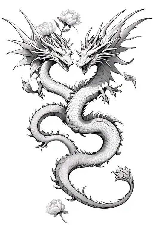 two dragons with wings and horns, with intertwined tails, almost touching heads, beautiful peony buds and petals on top tattoo design idea