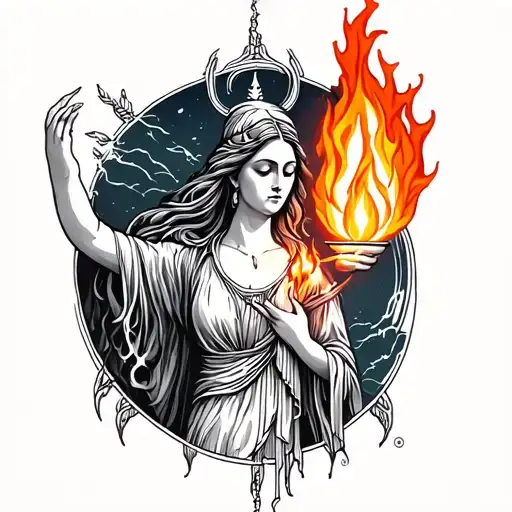Goddess Hestia and her flame of fire tattoo design idea