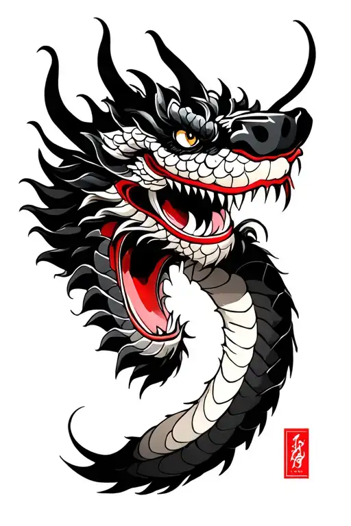 Japanese Dragon Head at crease near elbow. lots of scales. Head faces forward. Dark black, highlights white and red.  tattoo design idea
