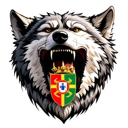 very bad wolf open mouth with the coat of arms of Portugal tattoo design idea