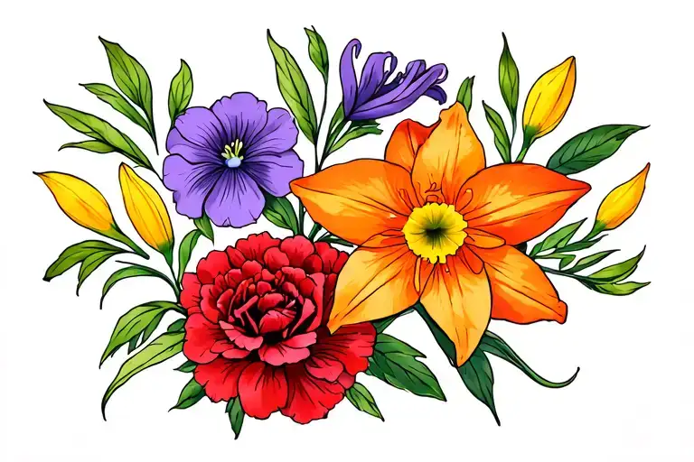 Floral horizontal tattoo with a red carnation, purple violet, orange gladiolus, yellow daffodil and leaves  tattoo design idea