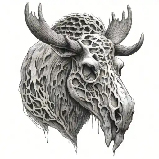 Create a highly detailed grayscale tattoo design of a moose skull. Focus on intricate textures for the skull, with crack tattoo design idea