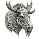Create a highly detailed grayscale tattoo design of a moose skull. Focus on intricate textures for the skull, with crack tattoo design idea