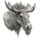 Create a highly detailed grayscale tattoo design of a moose skull. Focus on intricate textures for the skull, with crack tattoo design idea