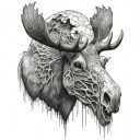 Create a highly detailed grayscale tattoo design of a moose skull. Focus on intricate textures for the skull, with crack tattoo design idea