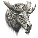 Create a highly detailed grayscale tattoo design of a moose skull. Focus on intricate textures for the skull, with crack tattoo design idea