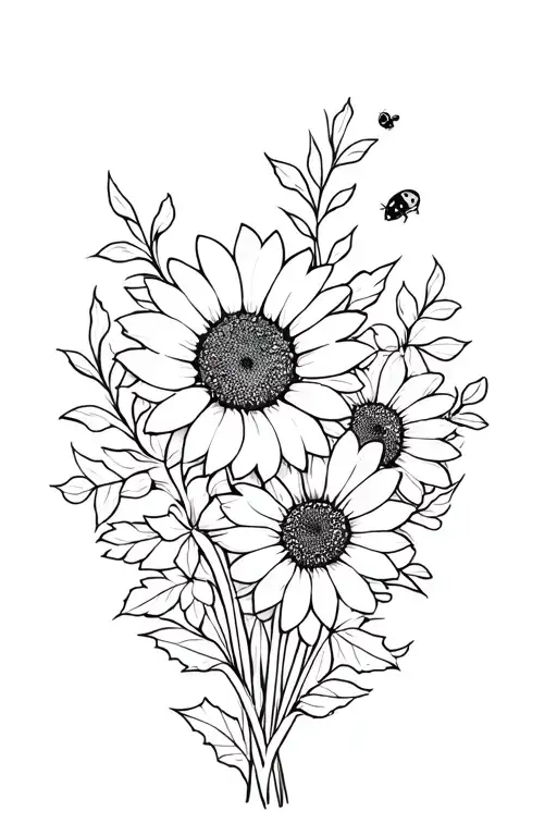 flower bouquet with daisy, sunflower, and white holly with ladybug flying around at top tattoo design idea