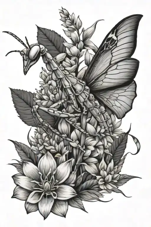 preying mantis and flower tattoo design idea