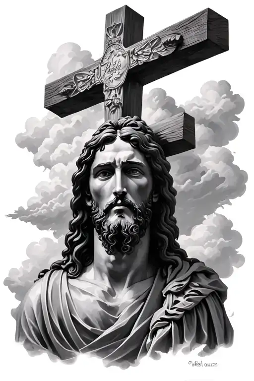 "everything happens for a reason whether good or bad" dort stehen, standart jesus wolken hintergrund & 3 jesus kreuze tattoo design idea