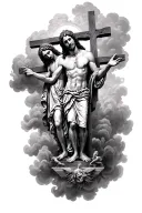 "everything happens for a reason whether good or bad" dort stehen, standart jesus wolken hintergrund & 3 jesus kreuze tattoo design idea