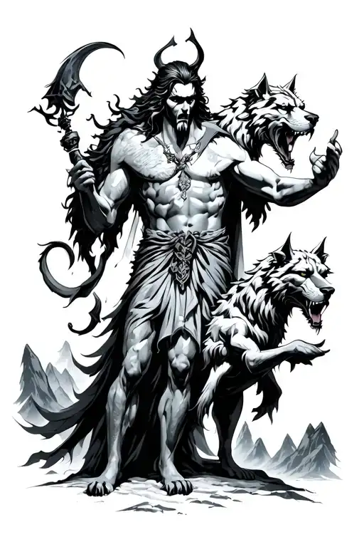 Hades Holding Cerberus Mountains in Background in Underworld tattoo design idea