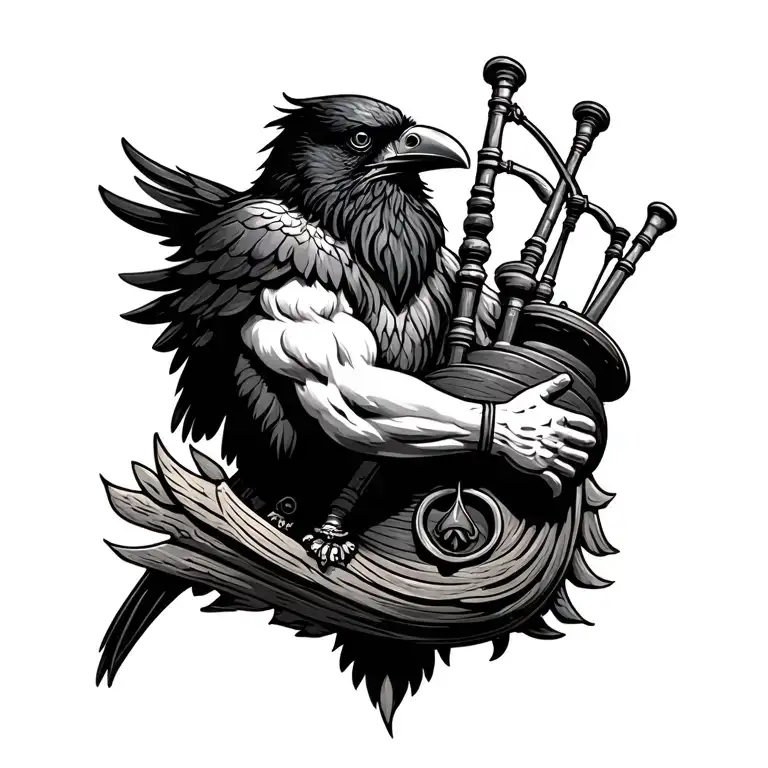 designs on wood carving crow muscular  bagpiper playing the bagpipes baldblack beard tattoo design idea