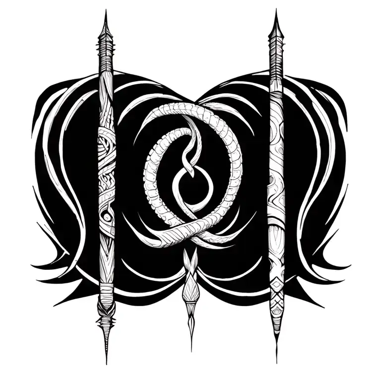 Polynesian, symmetrical healer’s staff shaped like an acupuncture needle with a serpent spiral at the center, ocean wave tattoo design idea