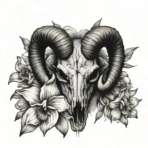 ram skull and daffodils sleeve tattoo design idea