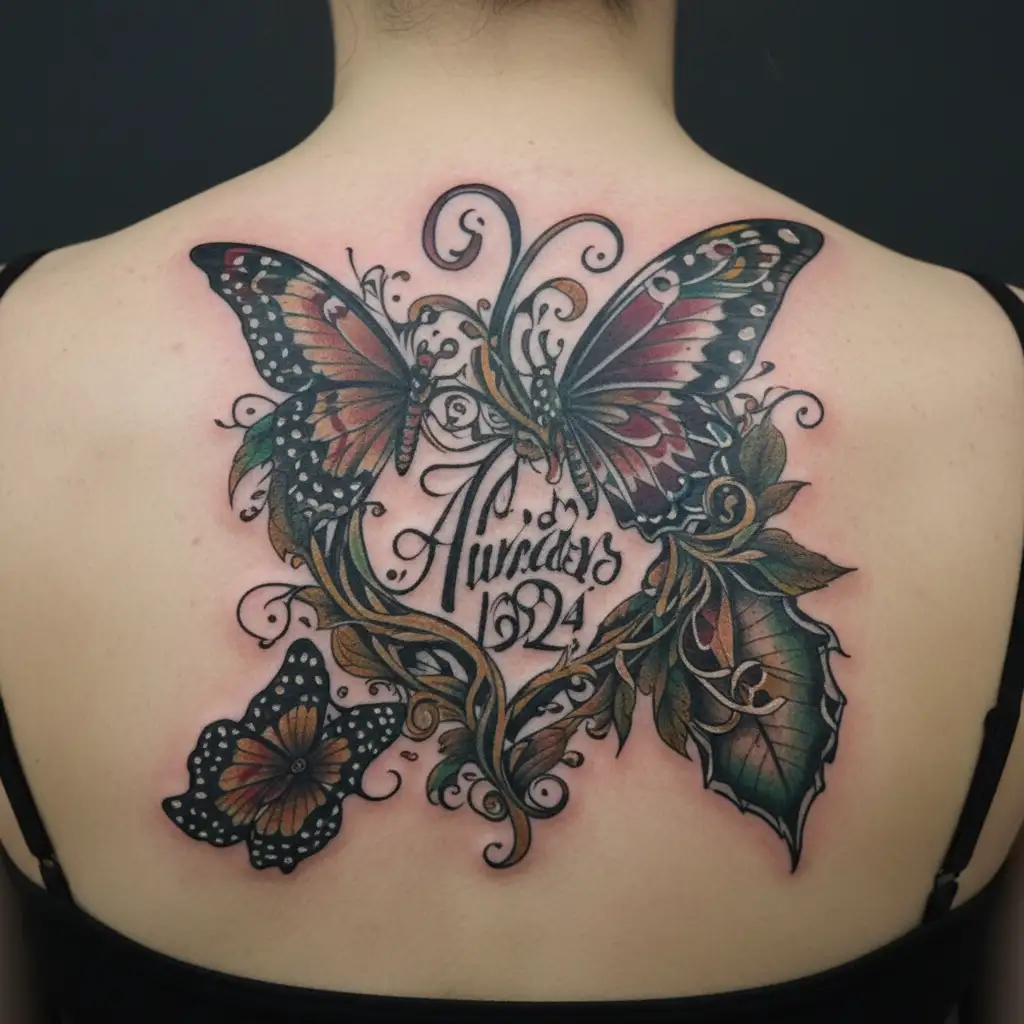 vines heart butterfly the word always and the numbers 224 tattoo design idea
