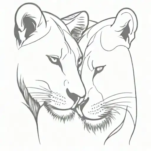 Two lionesses, one bigger than the other, looking at each other face to face tattoo design idea