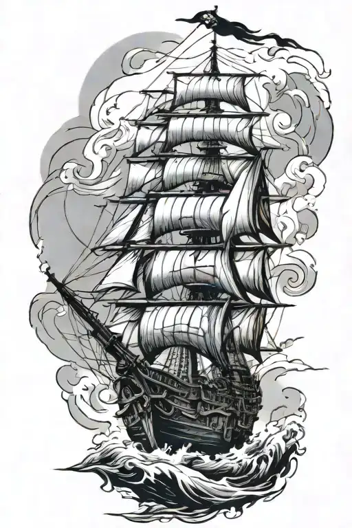 pirate ship sailing rough seas Neptune looking tattoo design idea