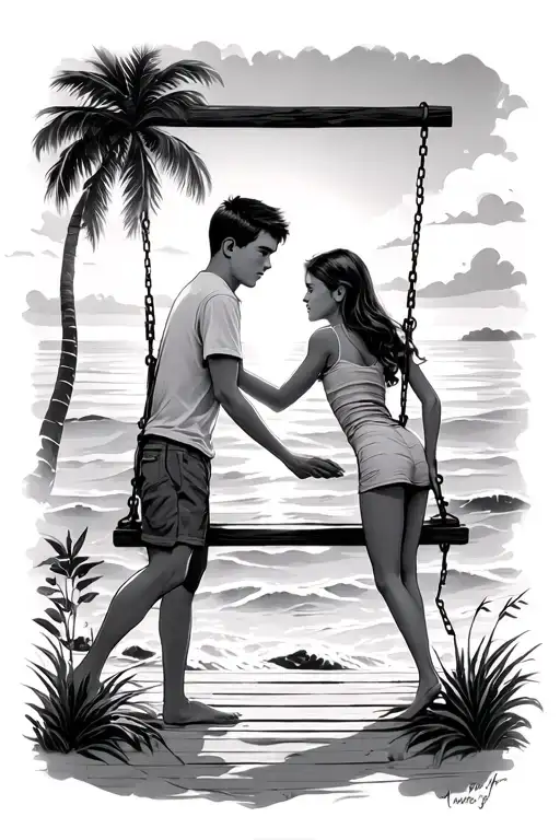 teen boy pushing teen girl on a porch swing by the beach during a sunset tattoo design idea