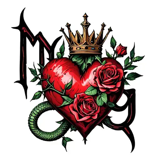 "M G" heart intertwined with roses and thorns, with a crown and serpent, in Gothic script tattoo design idea