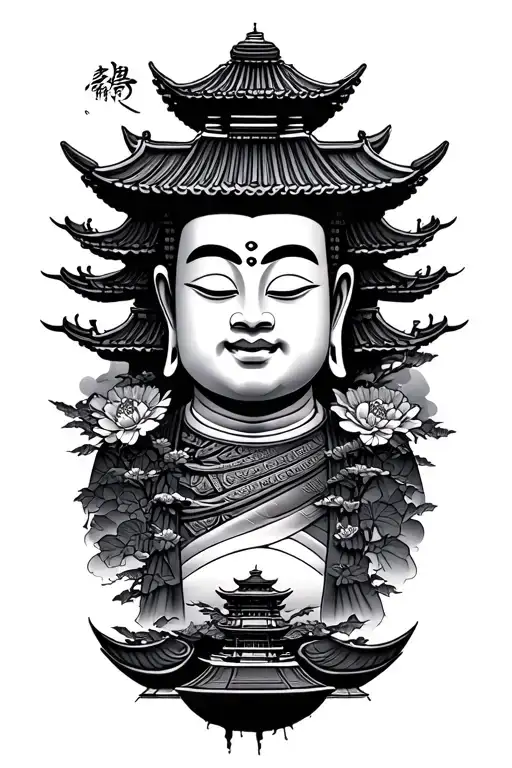 Japanese style tattoo with building, Buddha samurai tattoo design idea