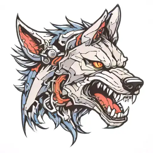 Wolf Head, snarling, simple, bio-mech tattoo design idea