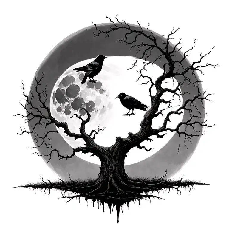 creepy weeping willow tree with moon and crow tattoo design idea