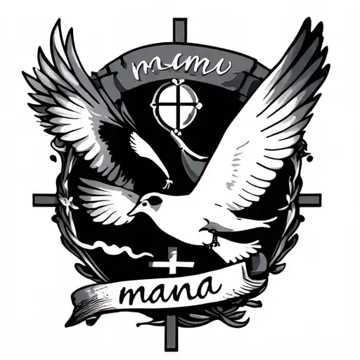 cloude fade effect tatto with dove and crosses in the beginning of the inside forearm with the text 'mama'  tattoo design idea