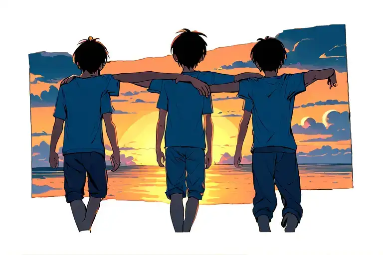 3 brothers from behind walking in the sunset with their arms over the shoulder of the person standing next to them tattoo design idea