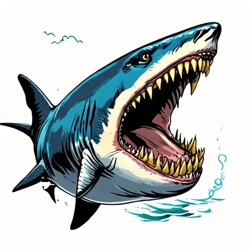 shark with its mouth open full of teeth a d one golden tooth  tattoo design idea