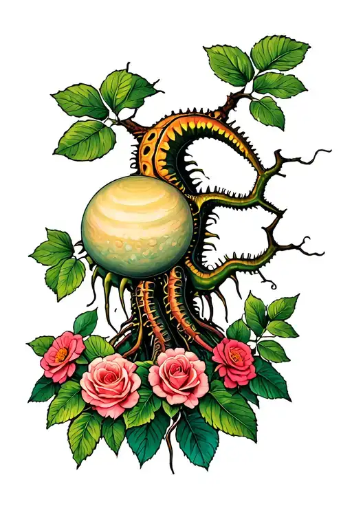 tree with a venus fly trap in the middle and rose bushes and lantana at the bottom tattoo design idea