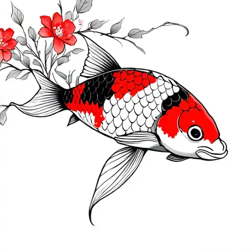  a small japanese koi fish with red and black scales , entwined with stylized red flowers and leaves tattoo design idea