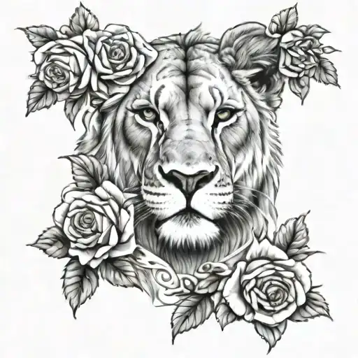 realistic lioness surrounded by large roses and leaves, wearing jewelry, looking forward tattoo design idea