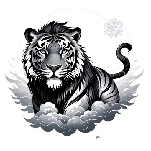 Strength, Leo, July, Chinese zodiac tiger, family, clouds, sun rays, super cool, tattoo design idea