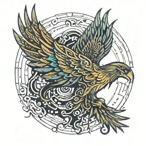 phoenix with open wings souranded by flames tattoo design idea
