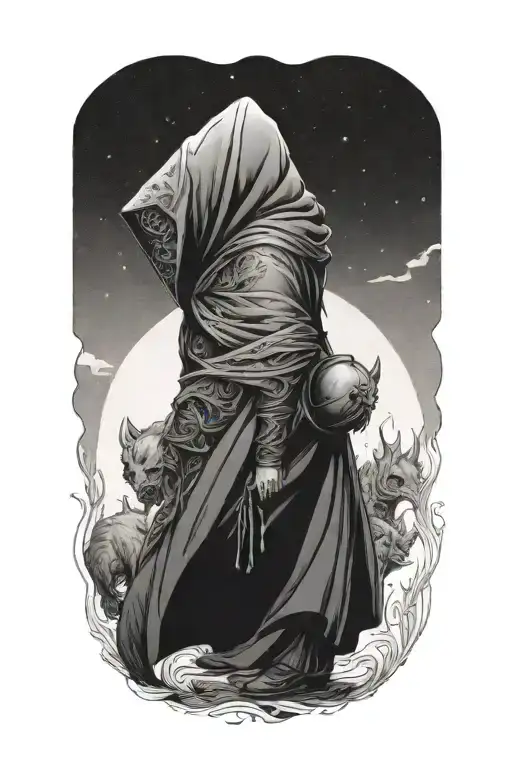 a woman and a huge hooded beast walking away together tattoo design idea