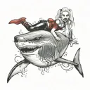sexy Harley Quinn riding a great white shark emerging tattoo design idea