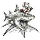 sexy Harley Quinn riding a great white shark emerging tattoo design idea