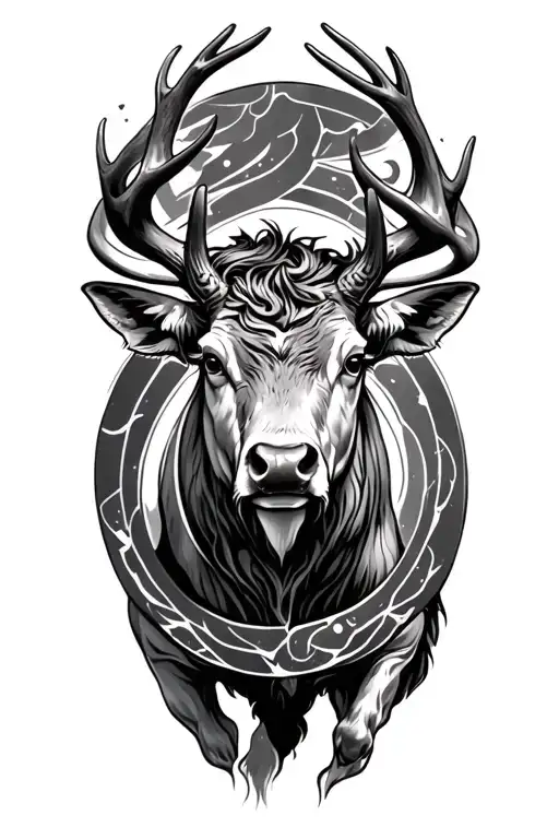 bull charging Red deer with rings tattoo design idea