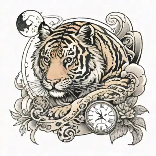 sketch of tattoo sleeve. Depict a tiger and a tiger cub, a clock, mountains, a waterfall, the date 07/23/2022, the yin yang symbol, the sun and clouds, real tattoo design idea