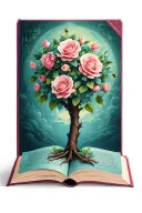 roses tree book open in front tattoo design idea
