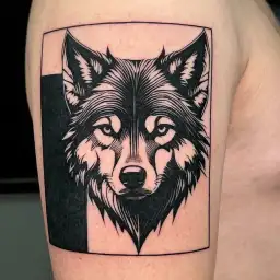 "Minimalist black ink wolf tattoo, geometric style, fine line, on forearm" tattoo design idea